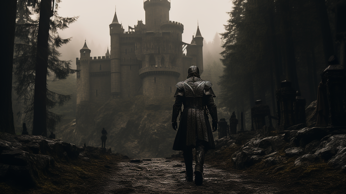 Knight walking in black and white