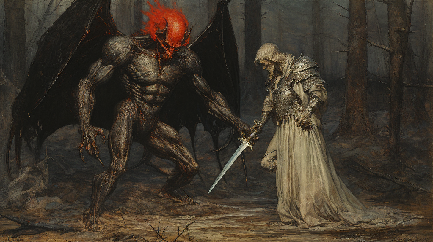 Powerful and Majestic Knight Confronting Devil