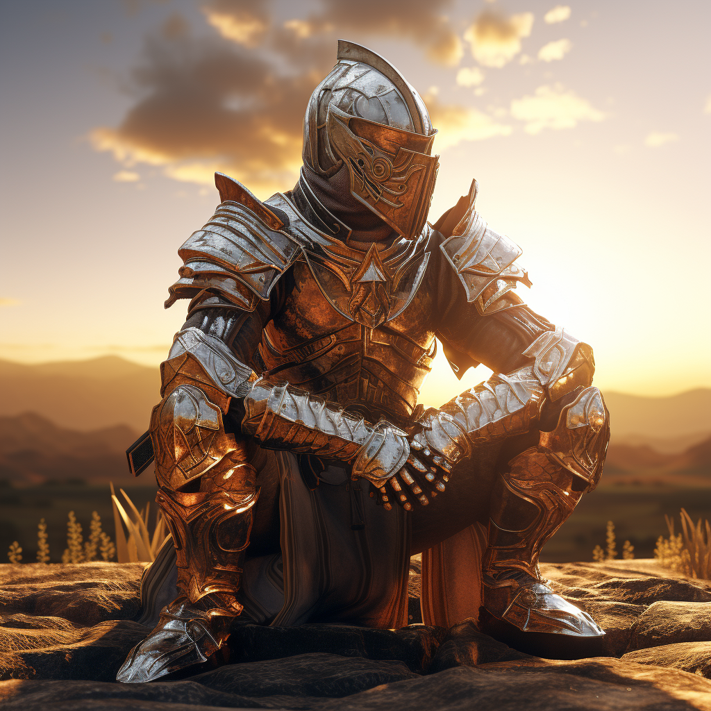 Knight in full plate armor kneeling at golden hour