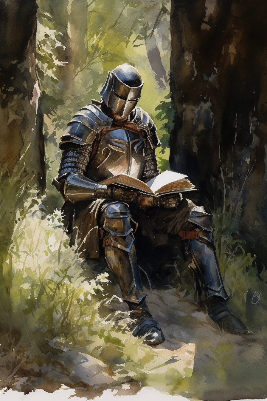 Knight reading book in lush forest