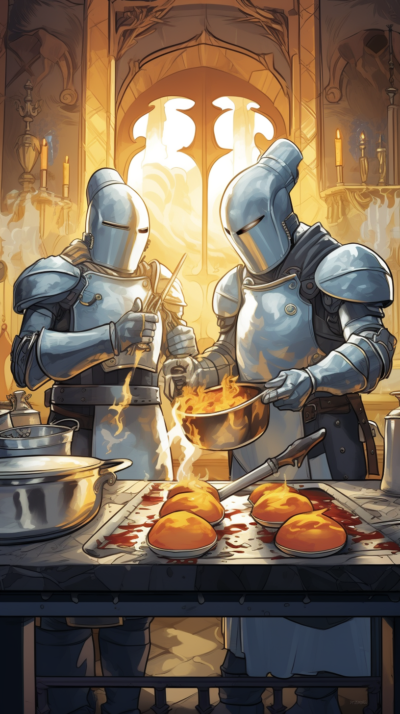 knights frying eggs on shield comix