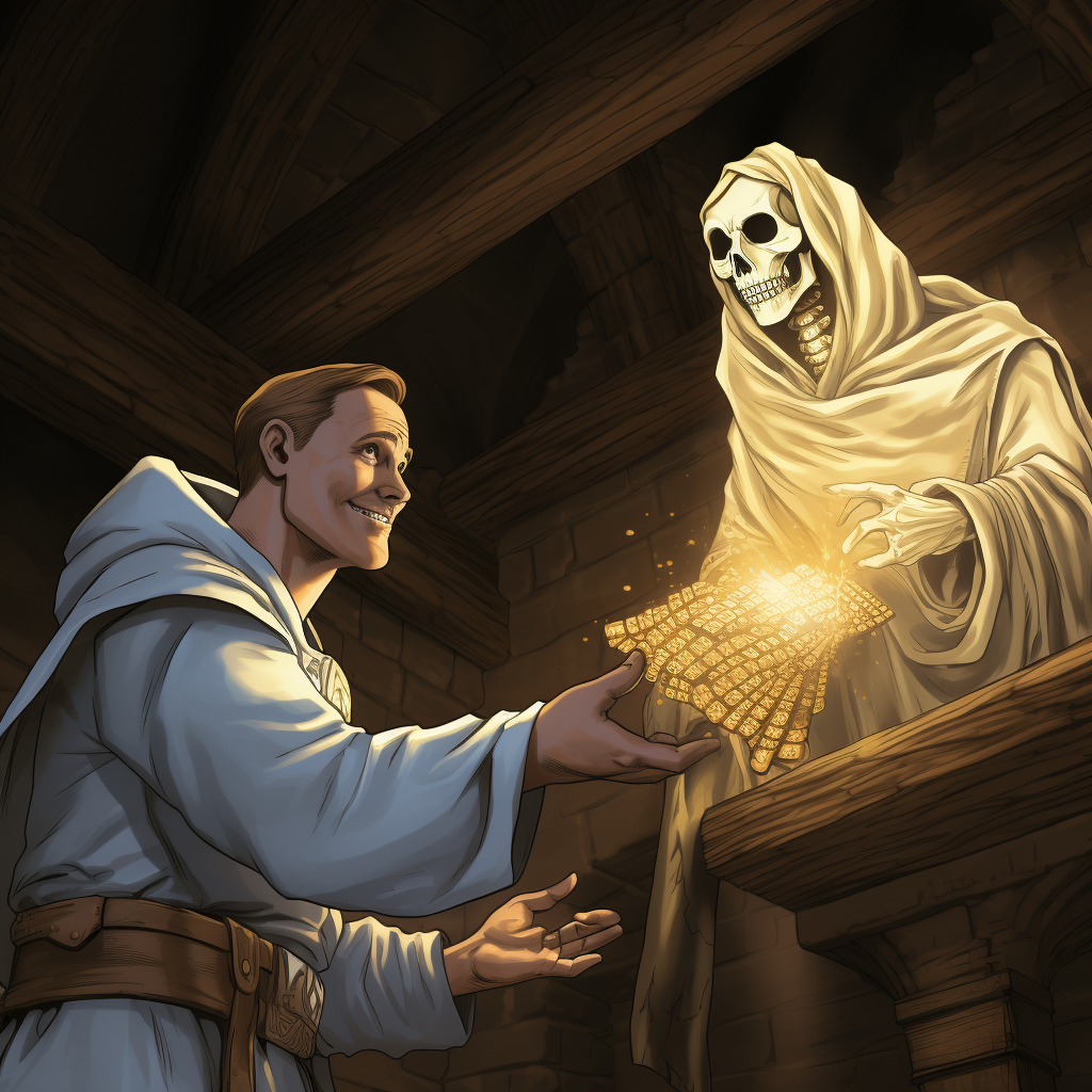 Knights ghost giving man gold coin in castle cellar