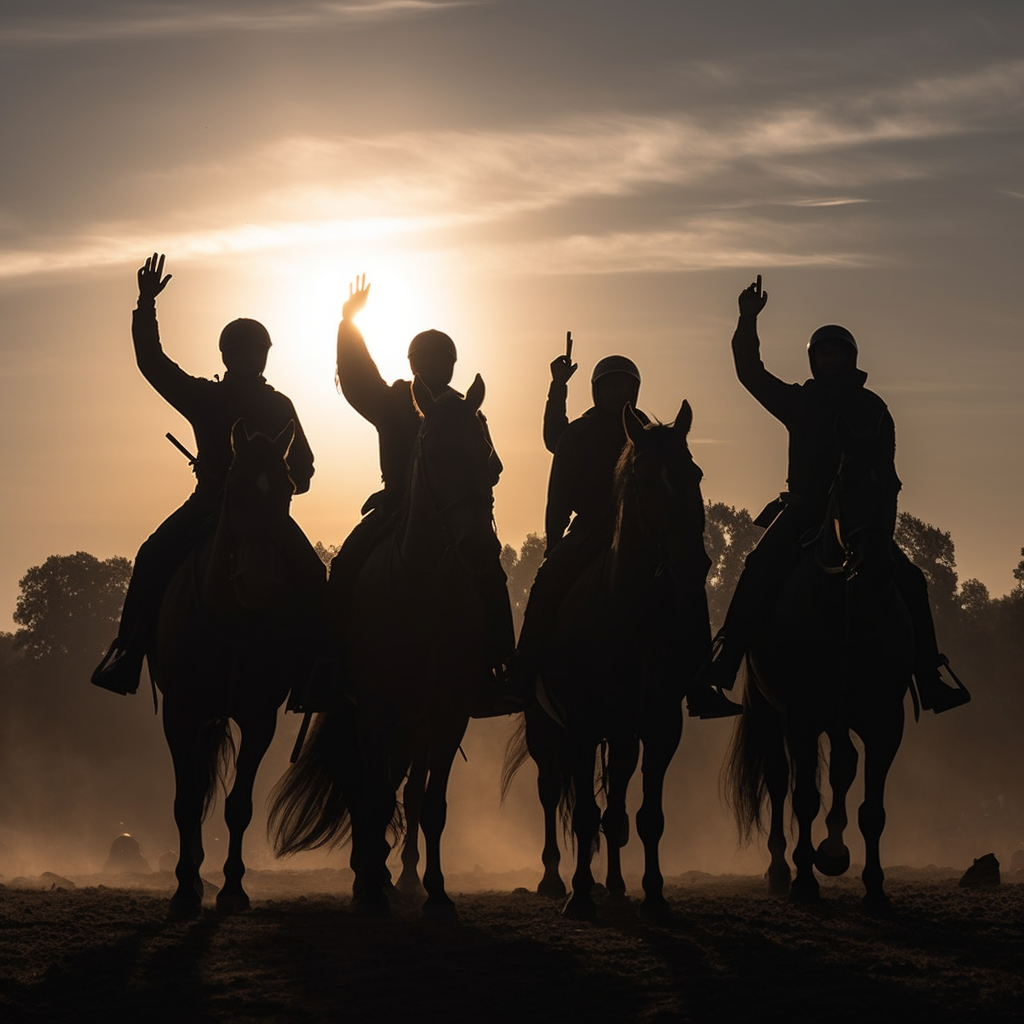 Silhouettes of knights horses overlooking cheering crowd