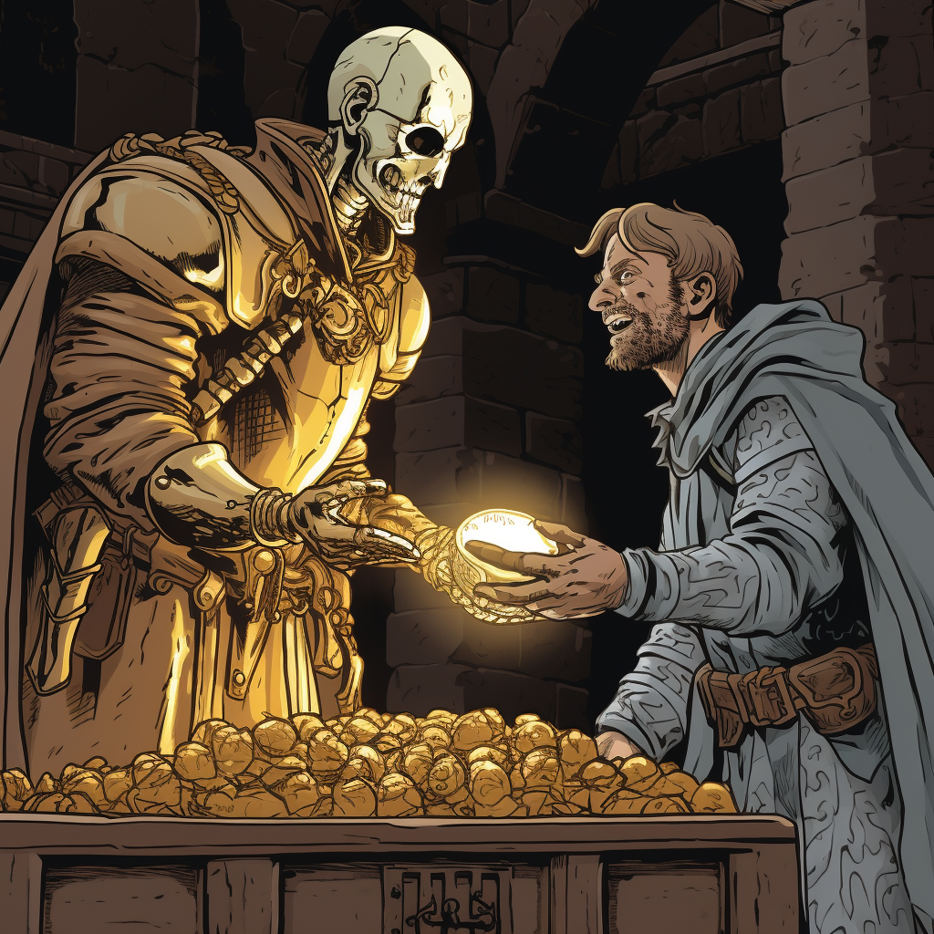 Knights ghost gifting man gold coin in castle cellar