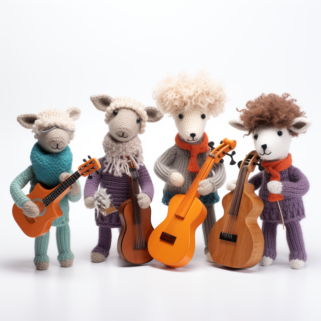 Knitted animals playing musical instruments