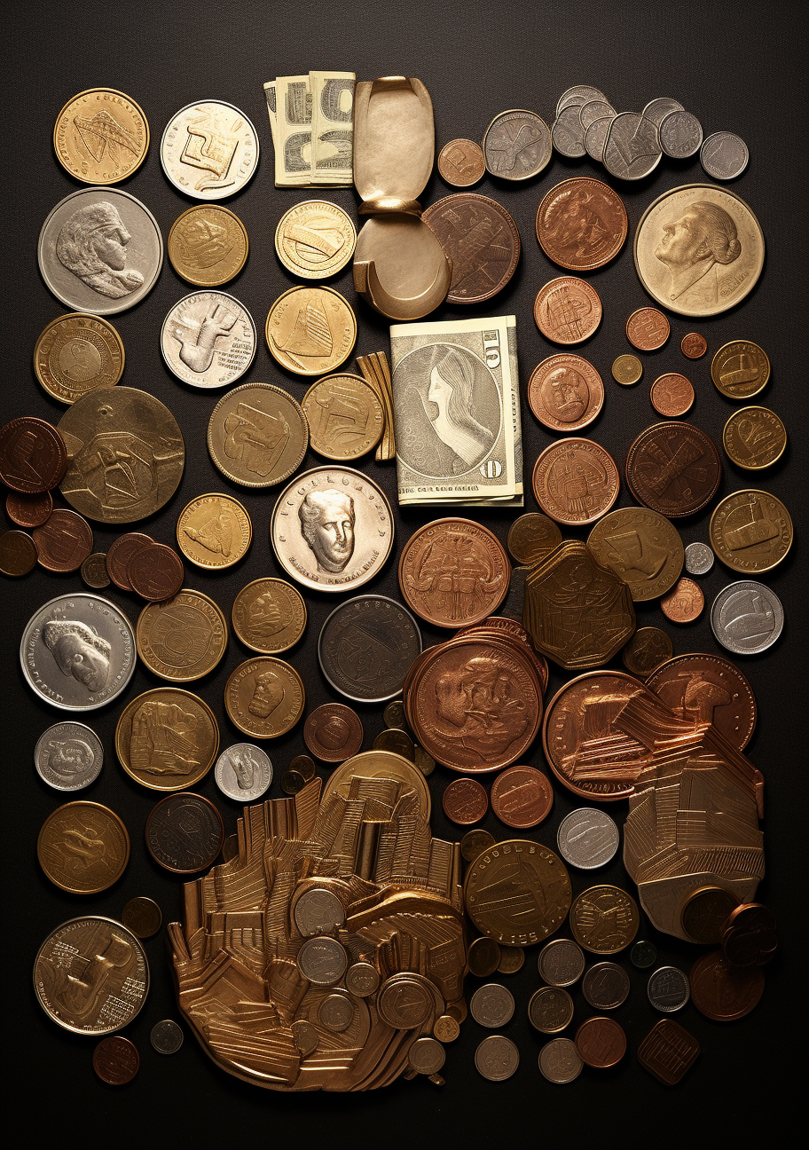 Organized coins and bills on a brown metallic background