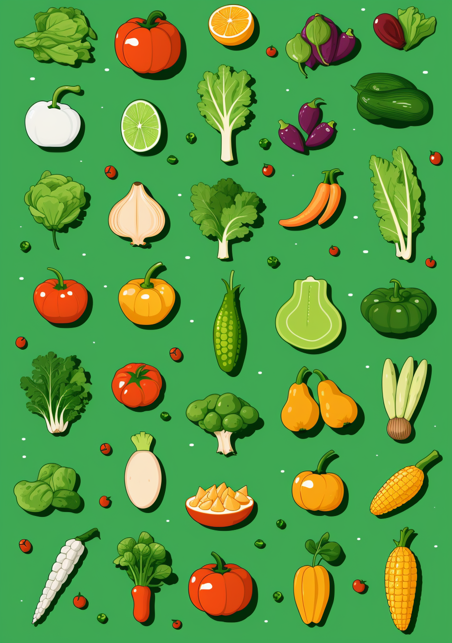 Fresh fruits and vegetables on green background