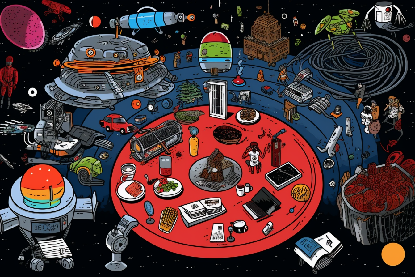 UFO knolling scene artwork with bold lines