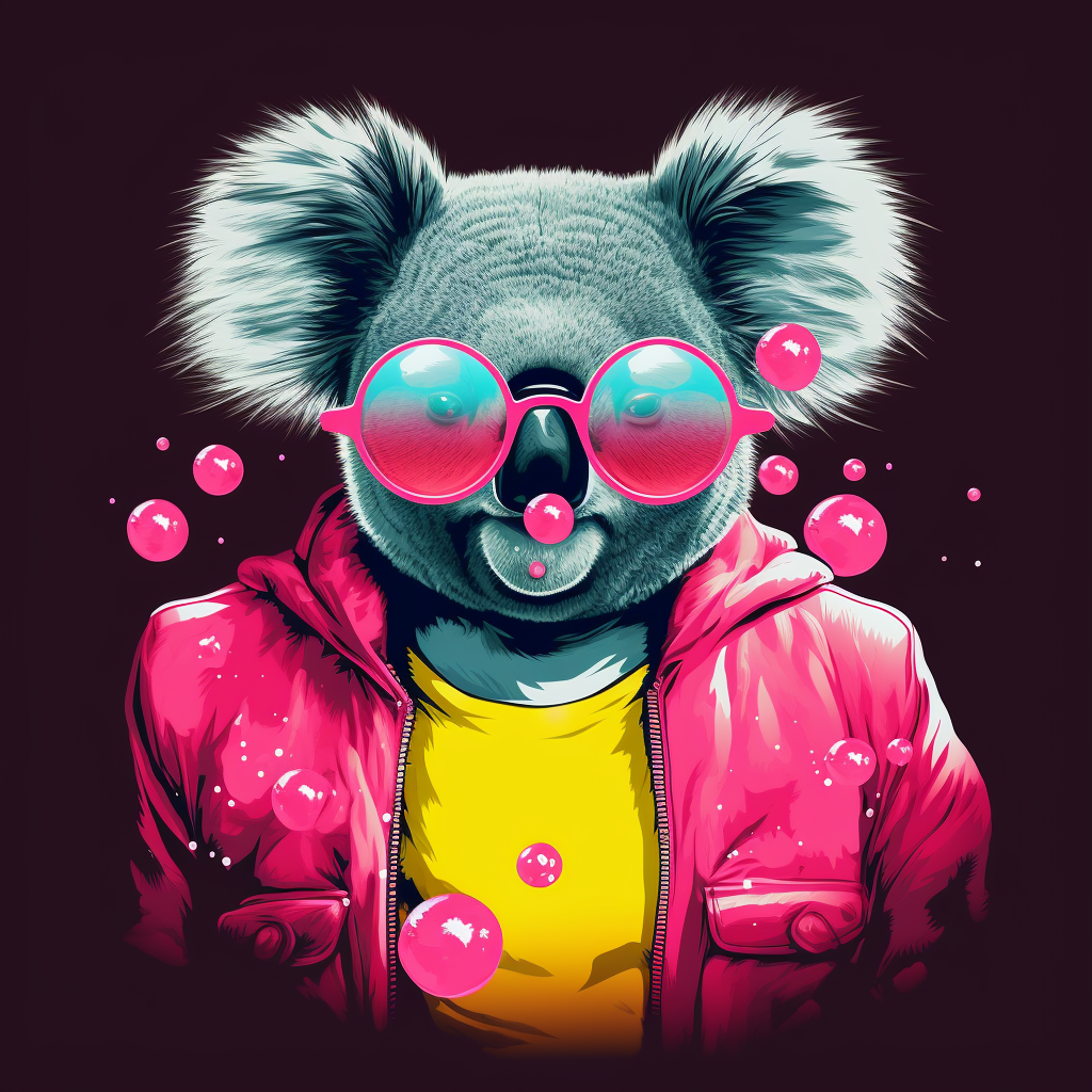 Koala blowing bubble gum with neon goggles