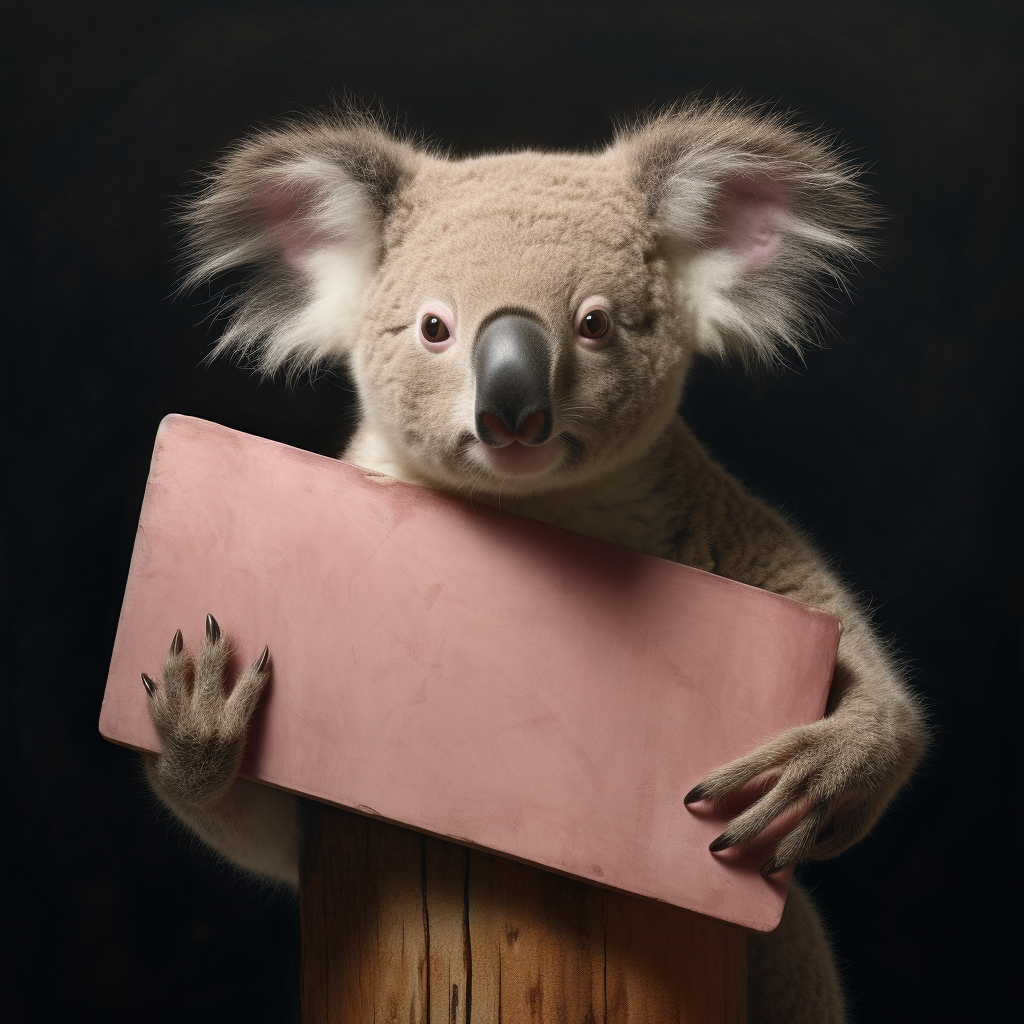 Cute koala holding a pink sign