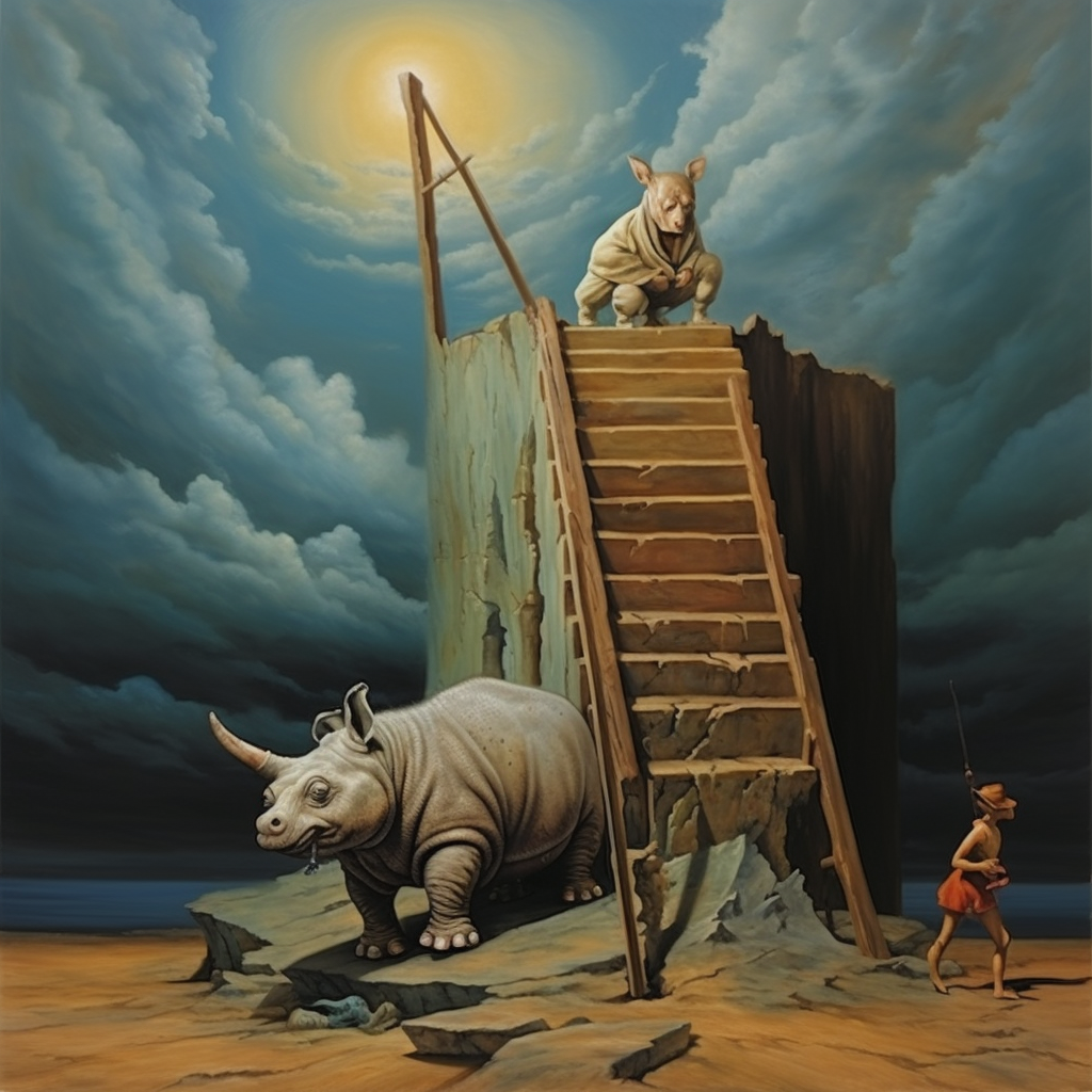 Koala and Rhino Climbing Stairs in Surreal Night