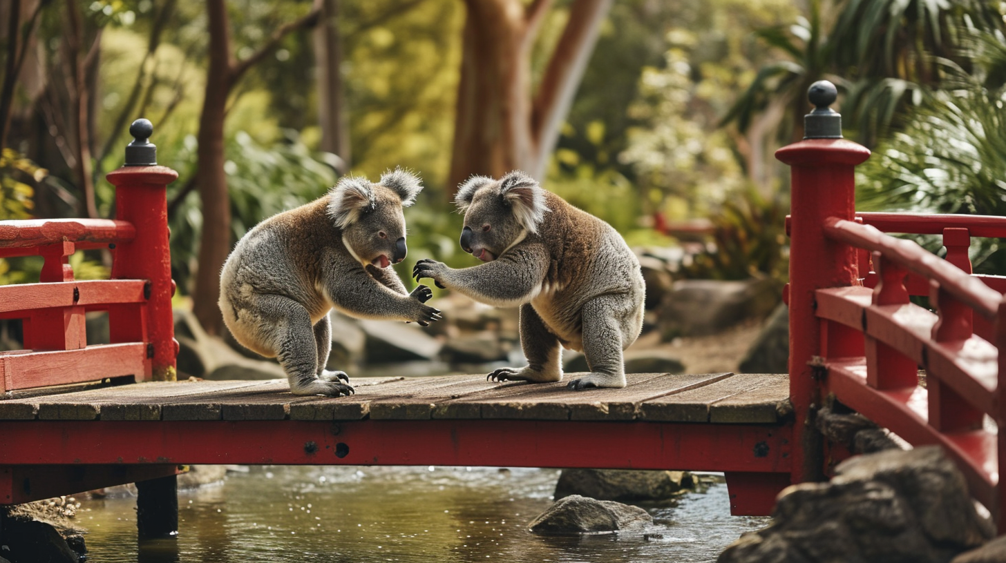 Two koalas engaged in epic kung fu battle