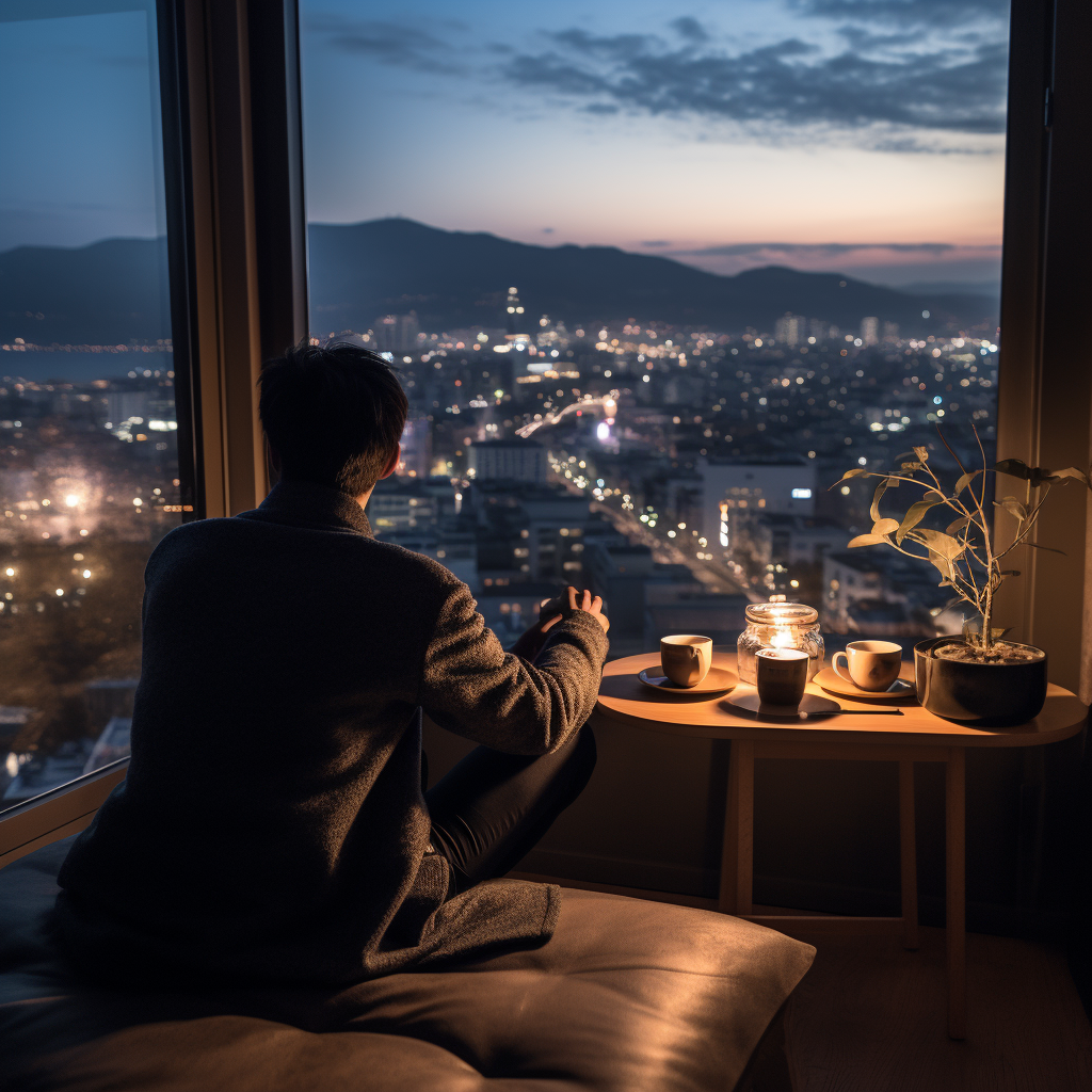 Japanese man enjoying coffee in luxury apartment