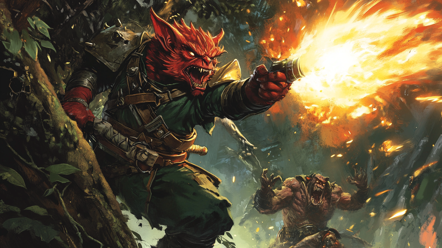 kobold rogue in green leather throwing fireball at oni.