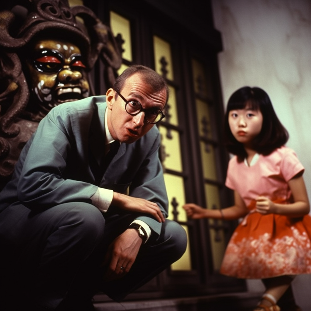 Vintage Kodachrome photo of Woody Allen and Asian girls