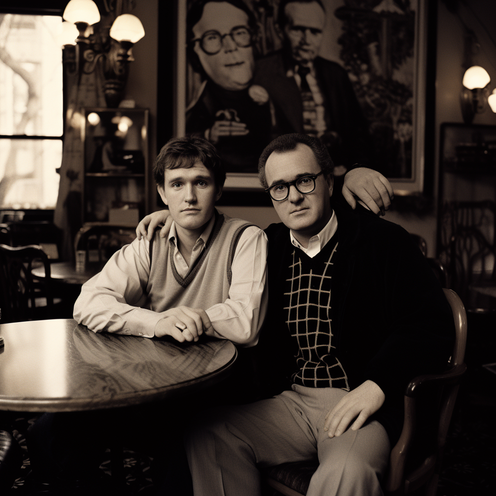 Norm Macdonald and Woody Allen in a vintage kodak film photograph