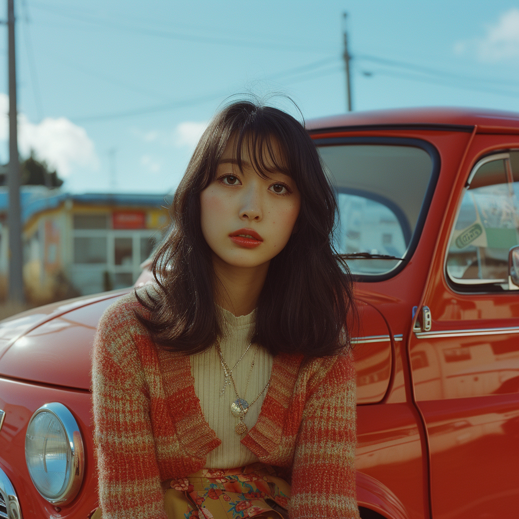 Beautiful Japanese Girl on Fiat 500 Car