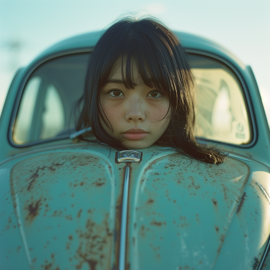 Kodak ULTRAMAX 400 film photo of a Volkswagen Beetle with a beautiful Japanese girl on board