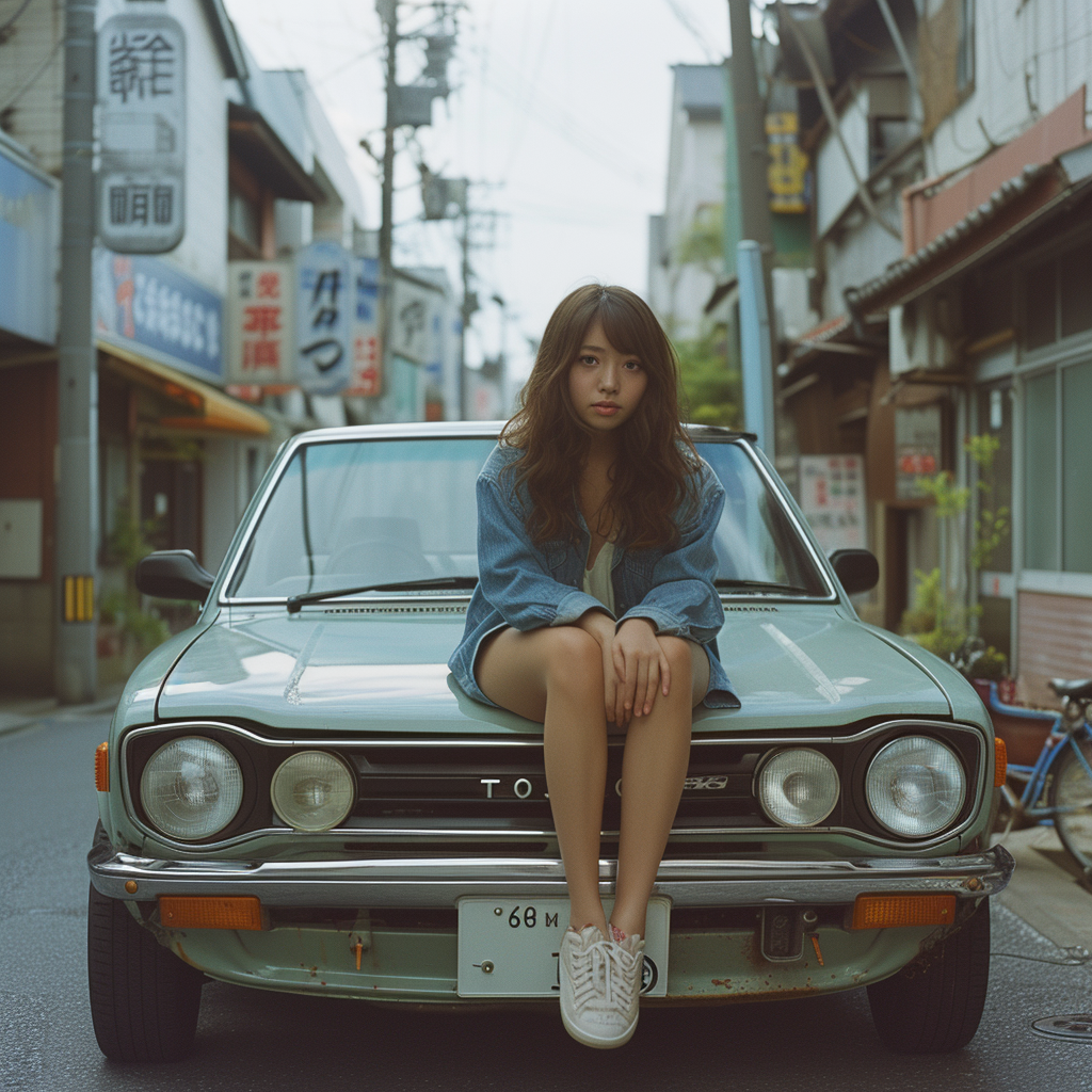 Beautiful girl posing with a Toyota 86 in Japan