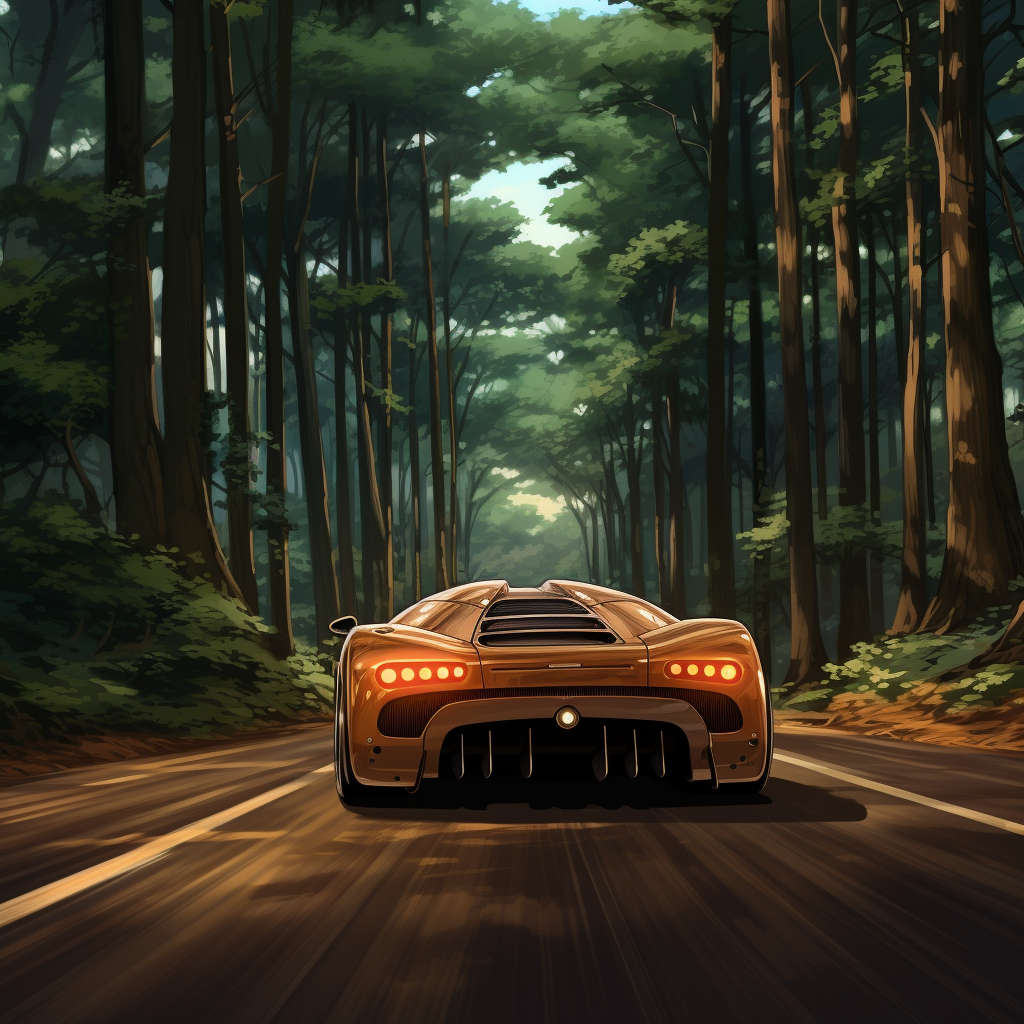 Anime-style Koenigsegg driving through forest road