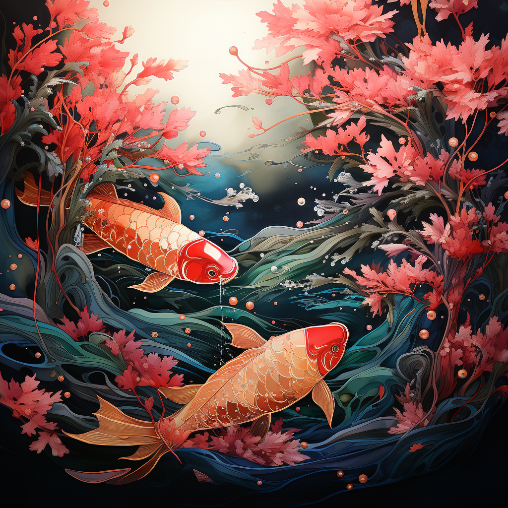 Aerial view of ethereal koi fish waterscape