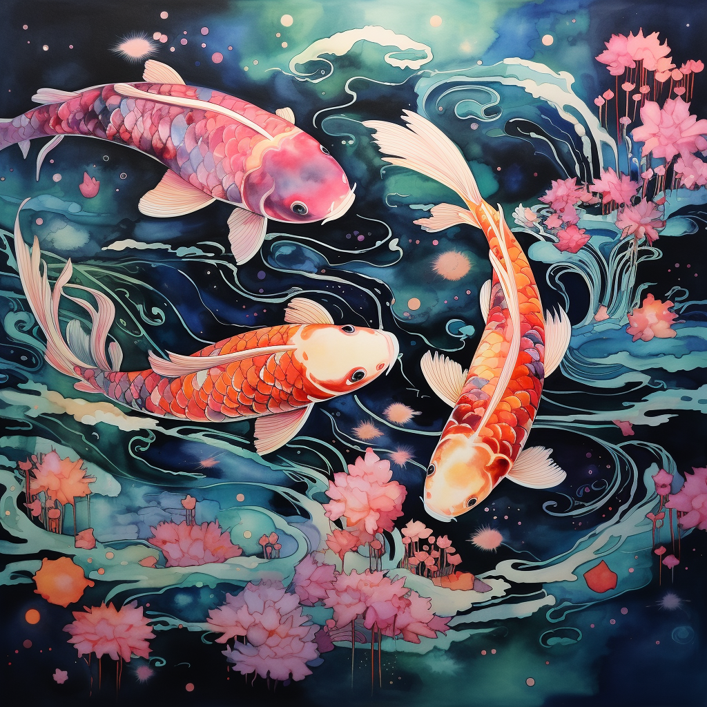 Aerial view of Japanese koi fish waterscape