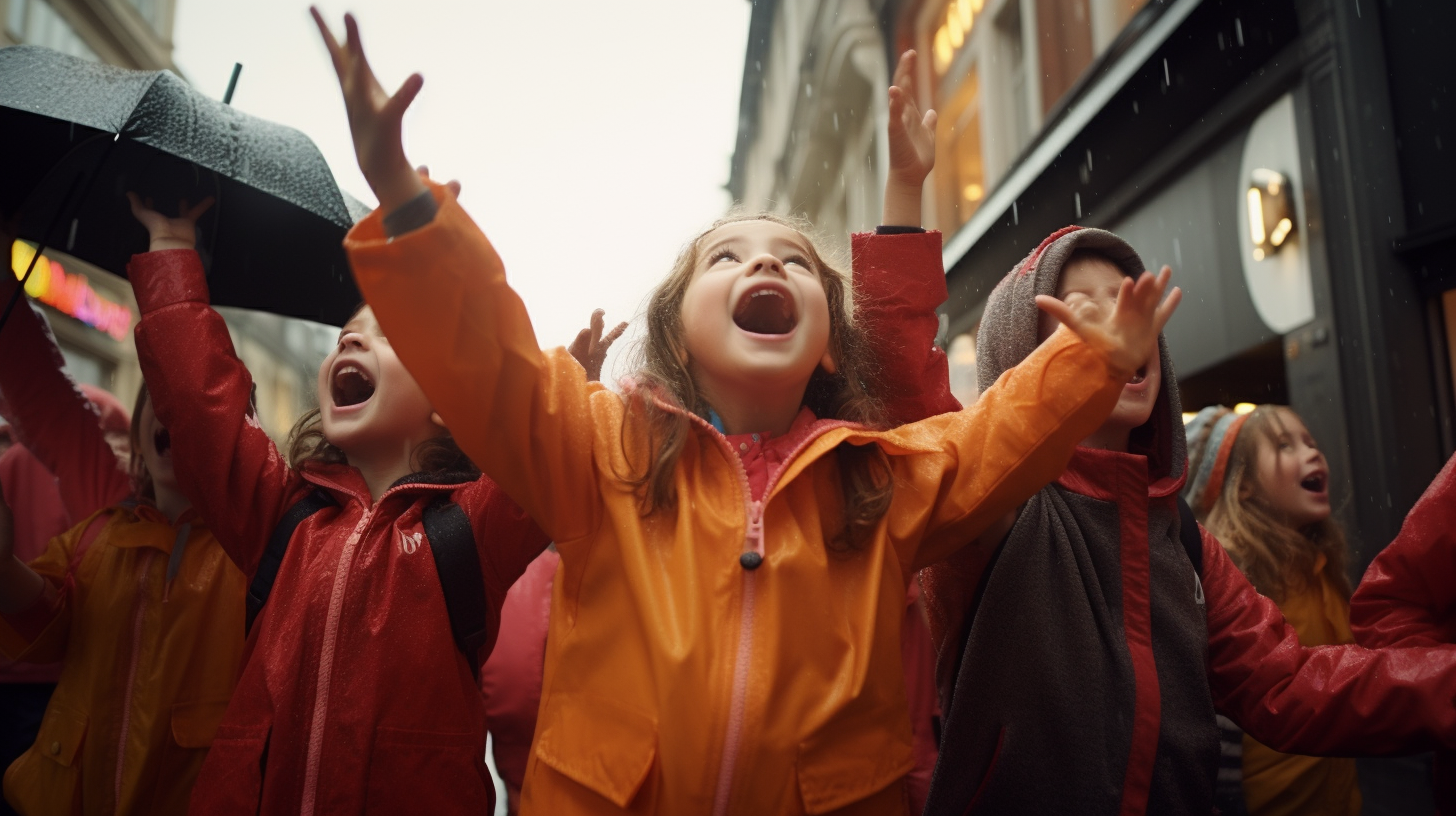 Japanese Anime Kids Sing and Play in Rain Puddle