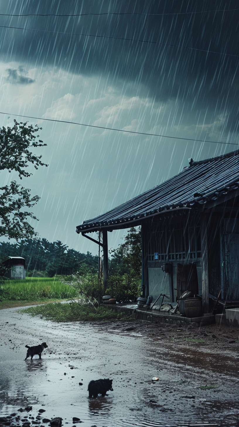 Korean country house with rainy sky and paddy field dog