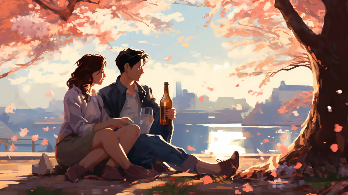 Korean couple enjoying Asahi canned beer by riverside