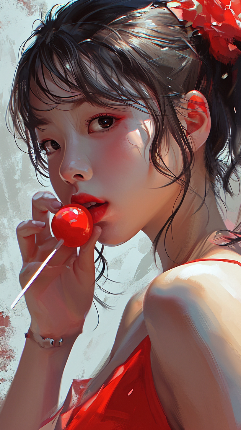 Korean girl enjoying candy with a cute expression