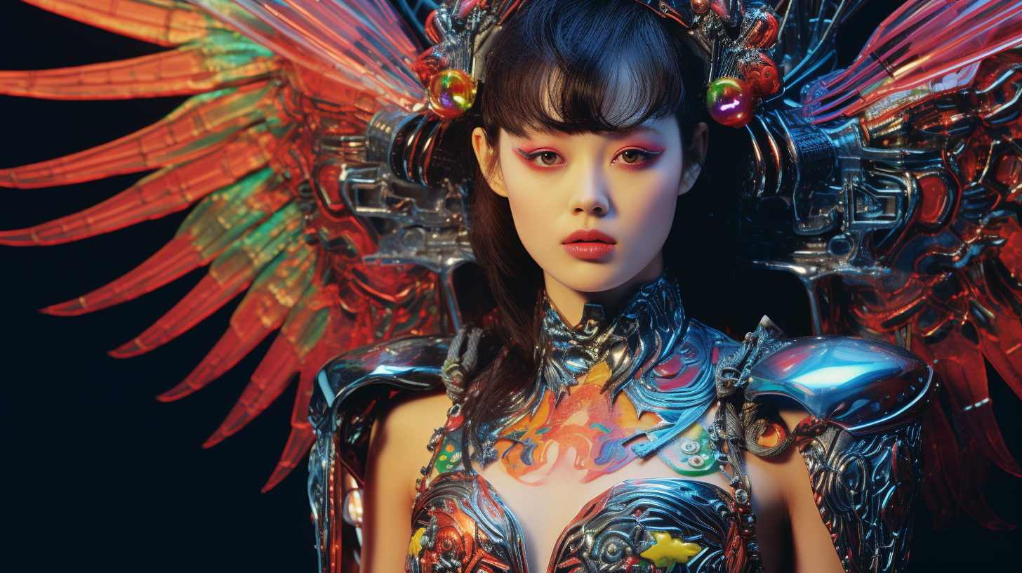 A stunning Korean cyborg angel in vibrant 1980s heavy metal pin up fashion