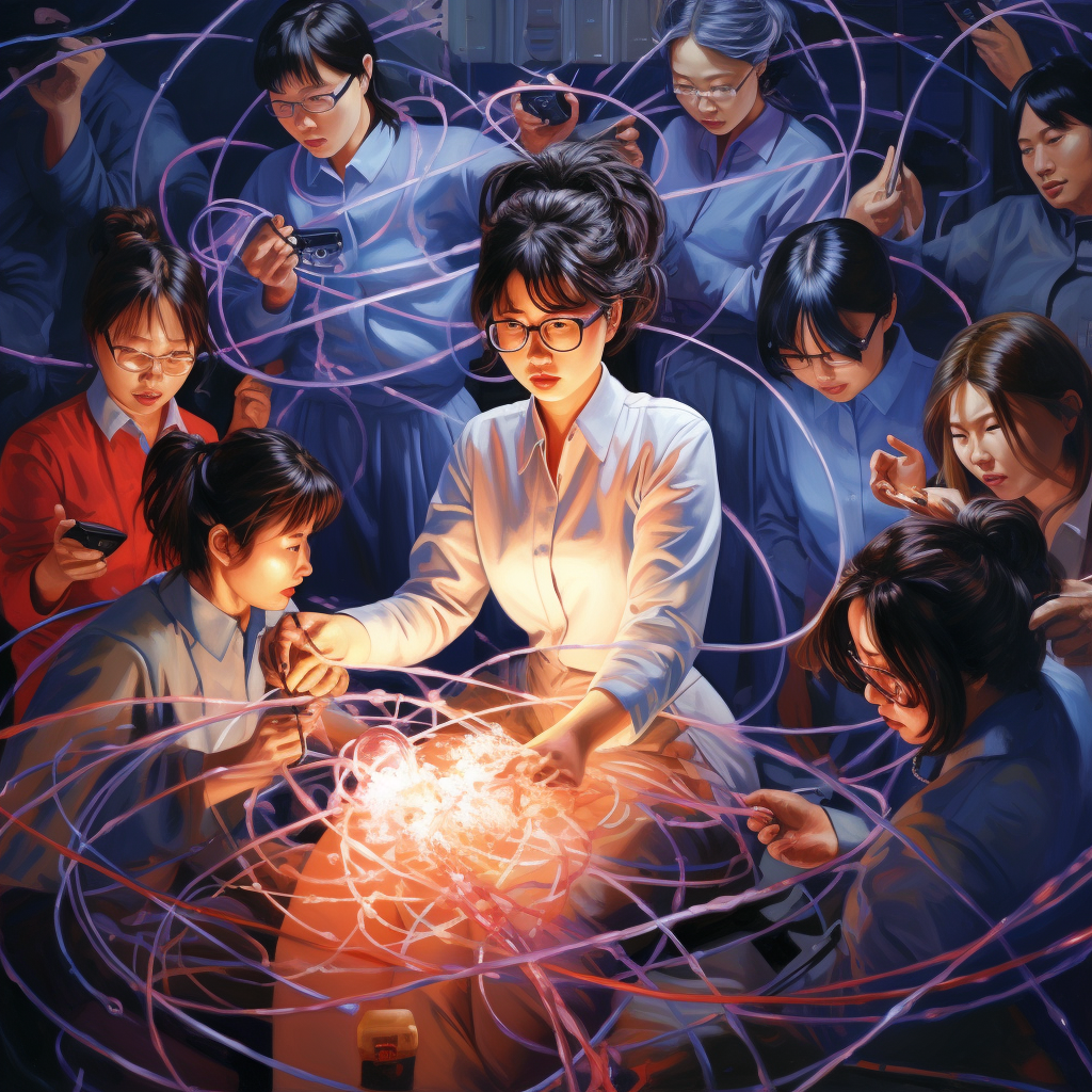 Korean female crackpot scientist conducting high-tech research