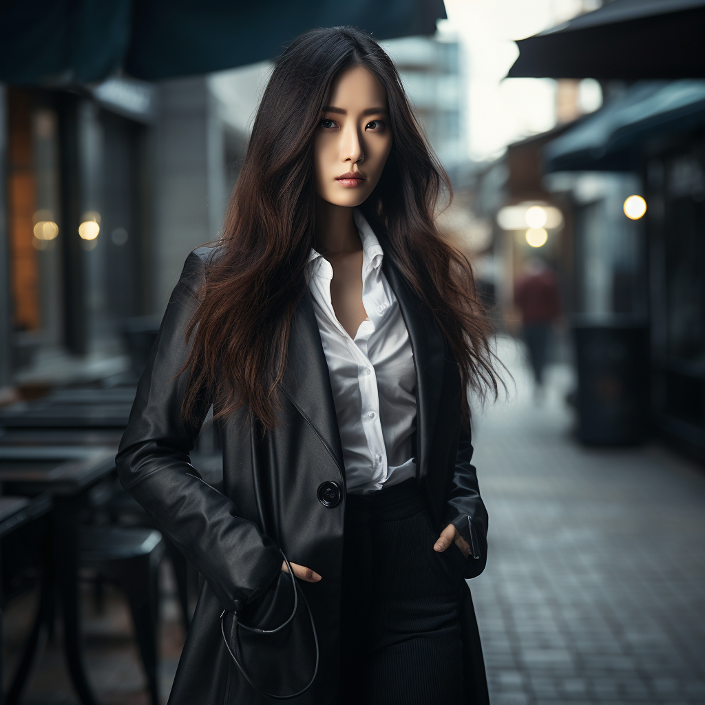 Beautiful Korean detective in stylish attire