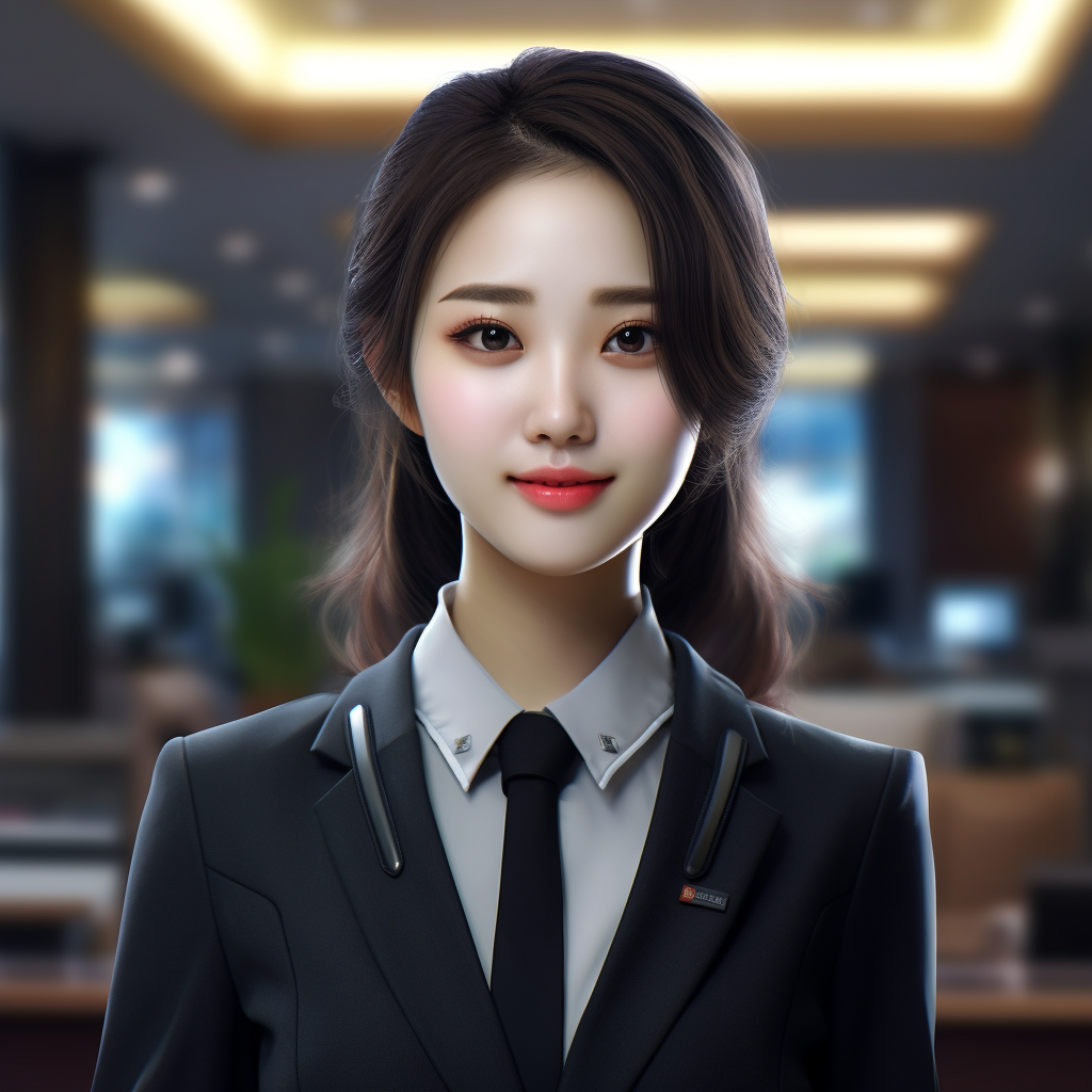 Realistic Korean female receptionist smiling behind the reception desk