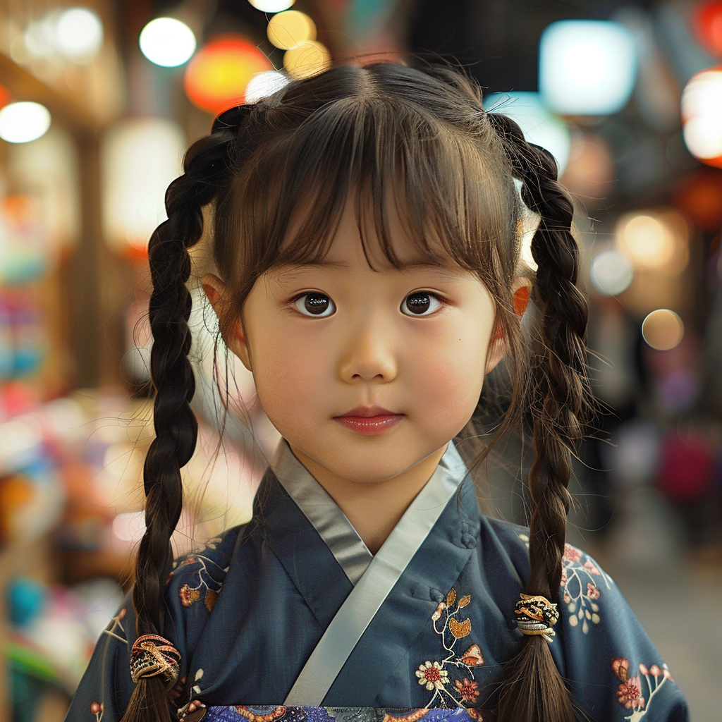 Korean girl with dark brown pigtails