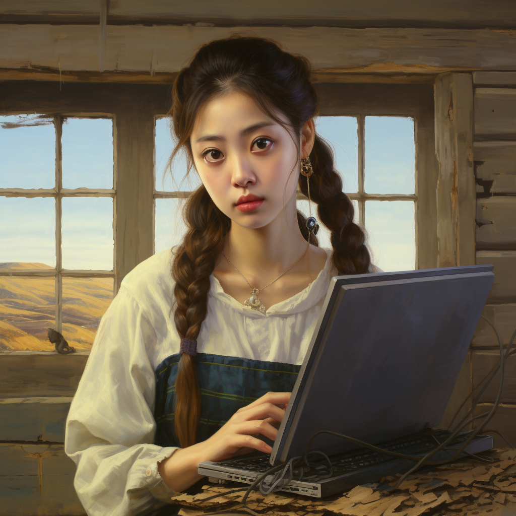 Young Korean girl farmer programming on computer  ?️