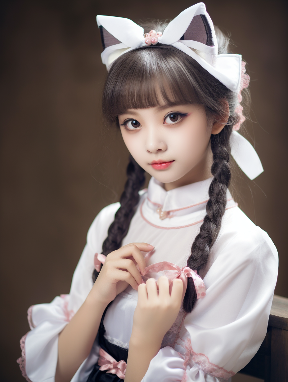 Korean girl wearing maid costume with cat ear headband