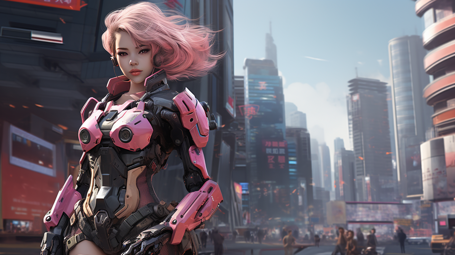 Korean girl with pink mecha companion in cyberpunk attire