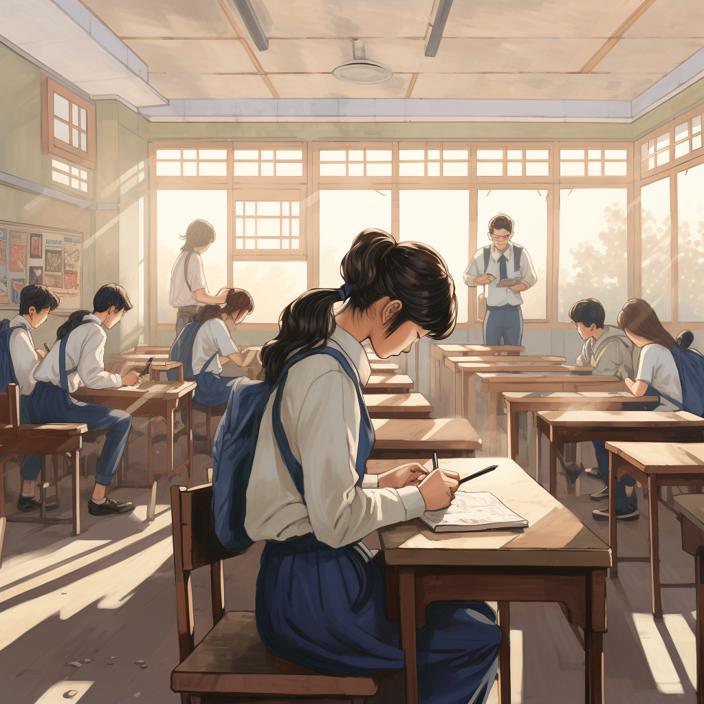 Back view of students in Korean high school classroom