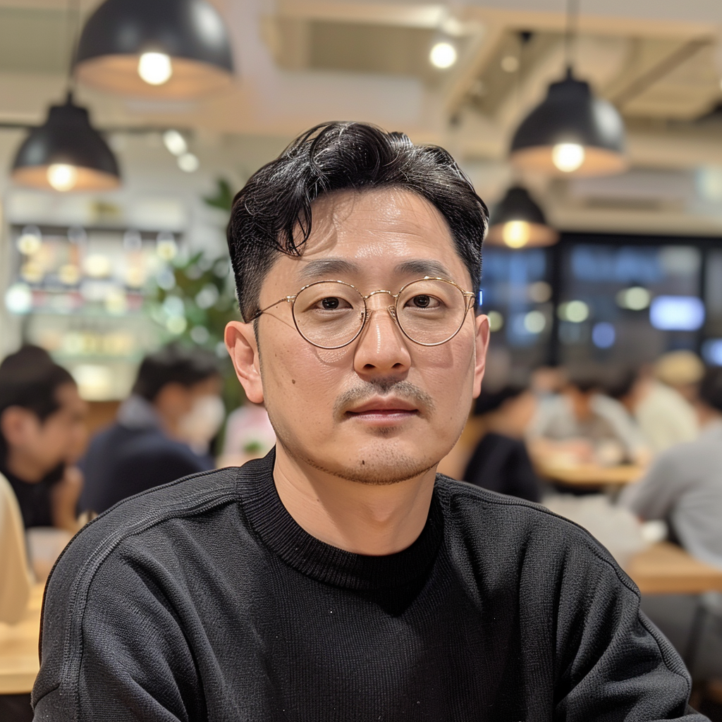 Korean male designer with family and glasses