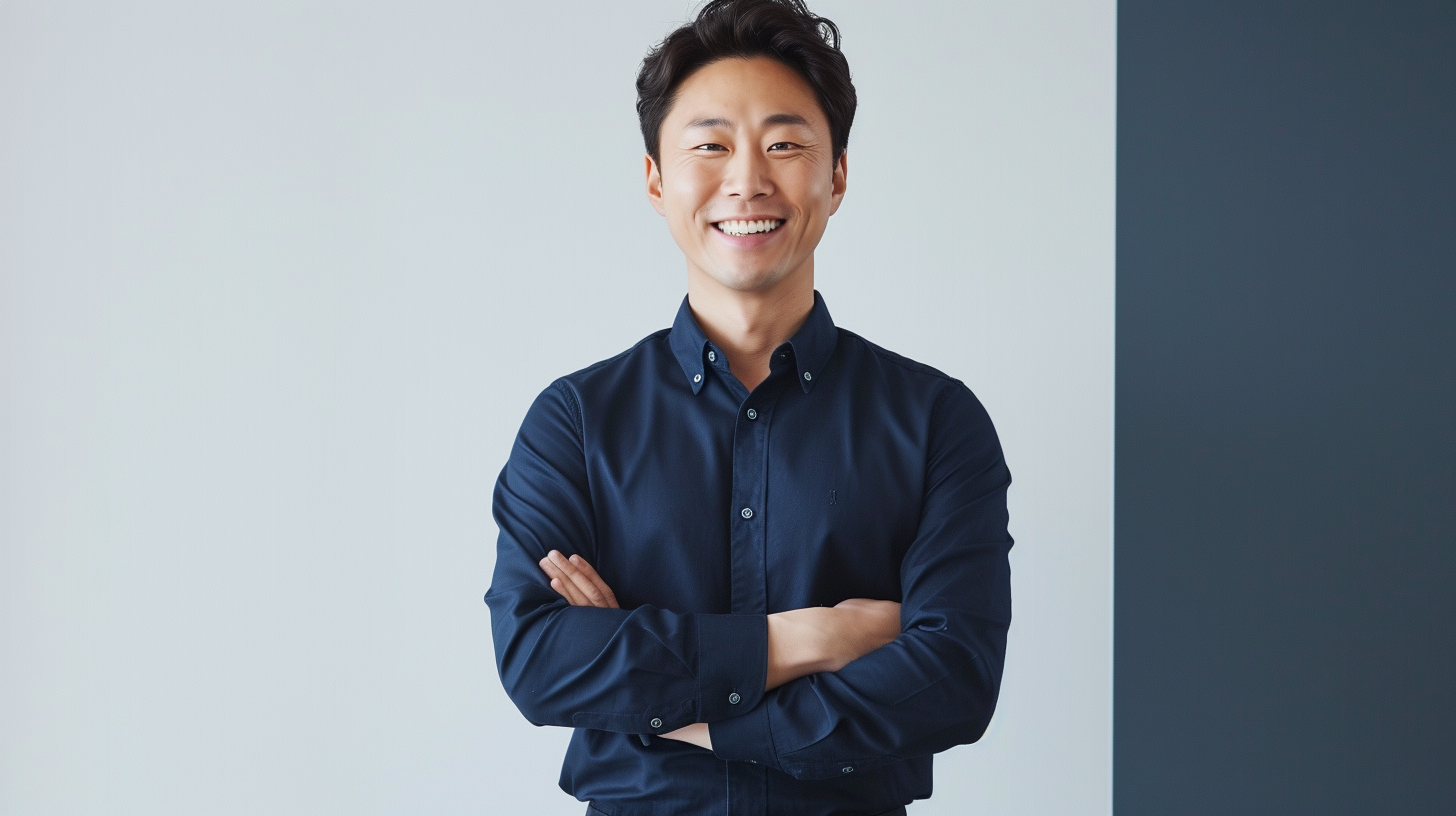 Korean man smiling in navy shirt and slacks