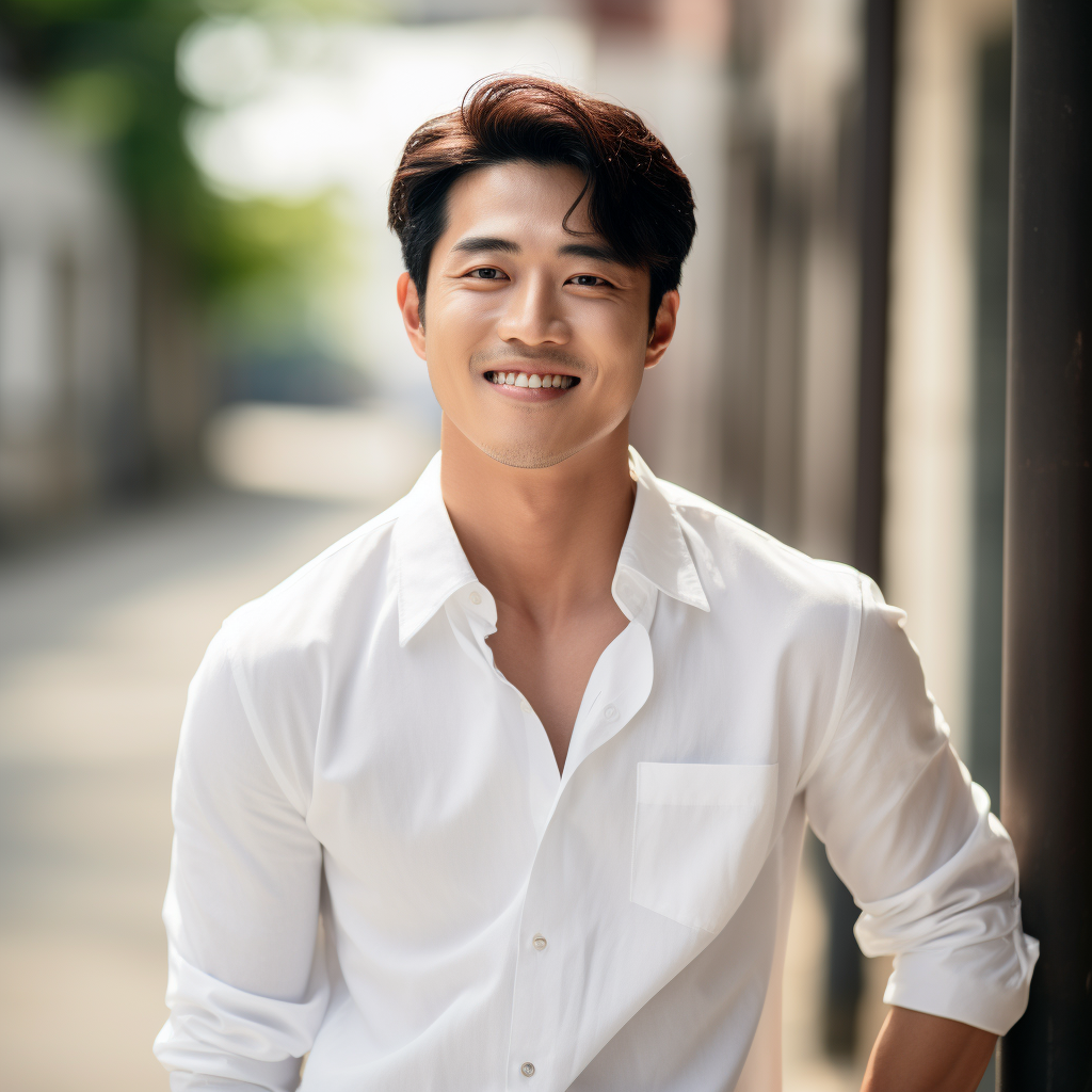 Korean man smiling in white shirt