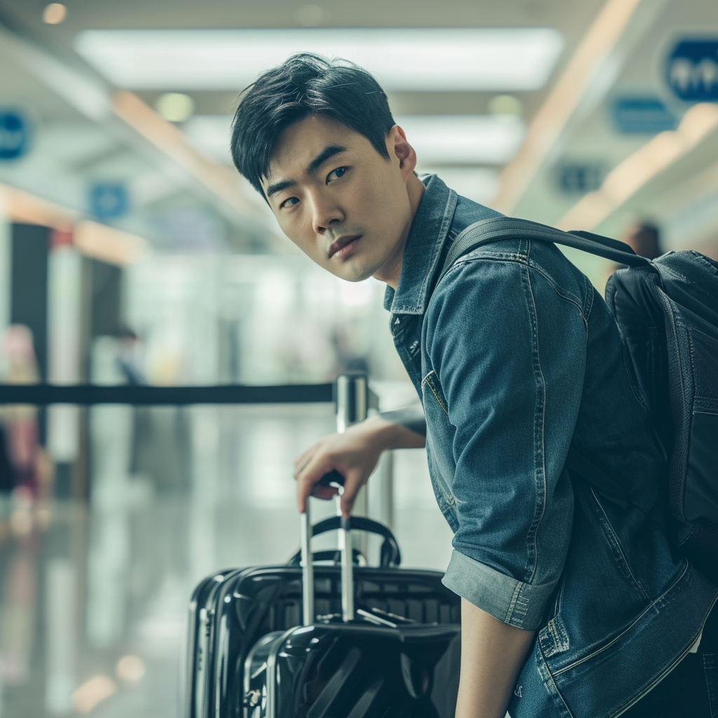 Korean man with broken suitcase