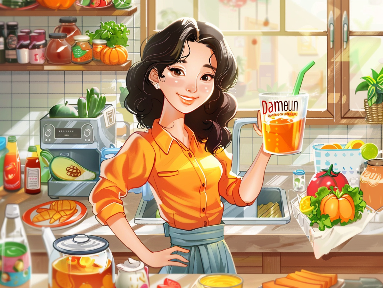 Korean mother with pumpkin juice