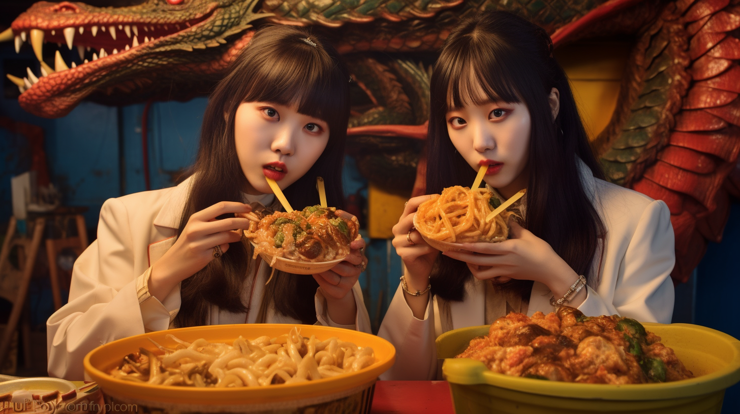 Korean School Girls Enjoying Street Food and Dragon Art