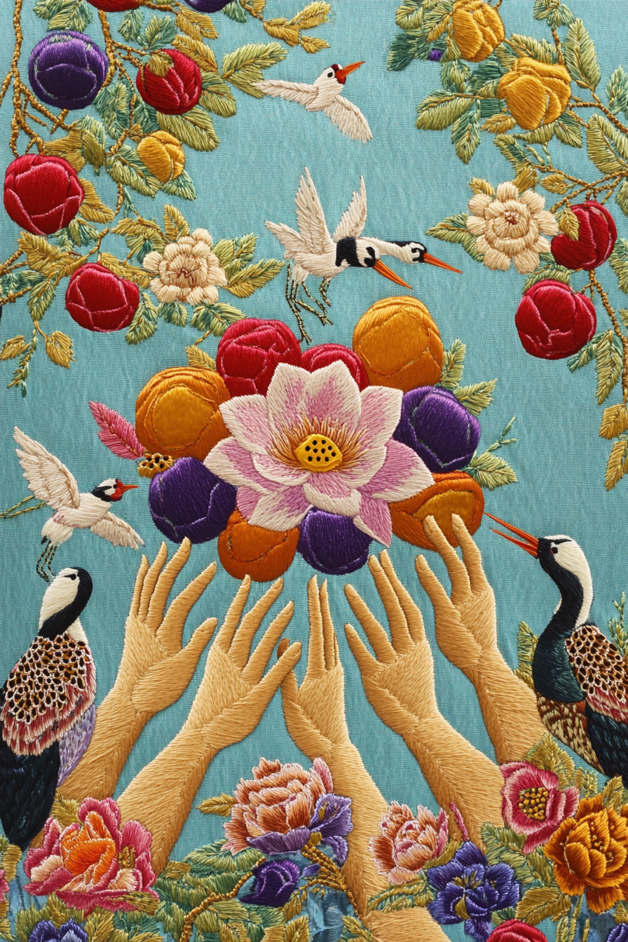 Korean embroidery craft hands lotus peaches cranes background