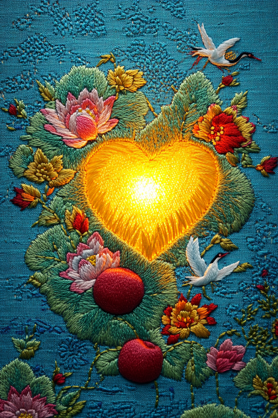 Korean Embroidery Yellow Heart Background