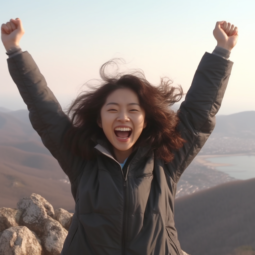 Smiling Korean woman celebrates acceptance on mountain top