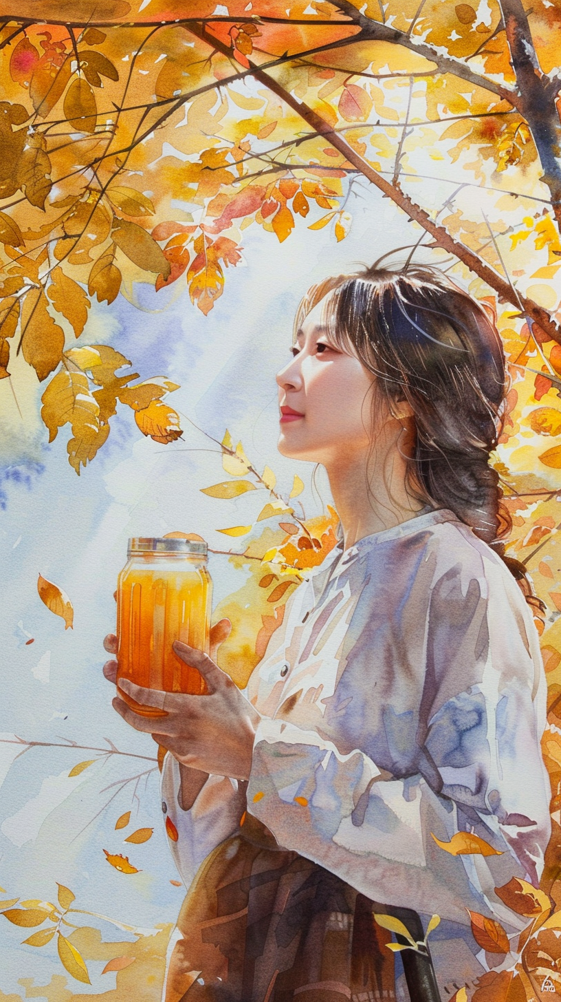 Korean Woman with Pumpkin Juice in Autumn Sunlight