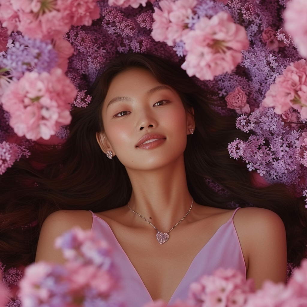 Korean woman in bed of flowers with heart necklace